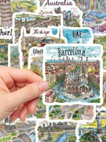 50pcs Handpainted Travel Map Stickers, Cartoon City Style, High-Quality DIY For Phone Case, Waterproof Scrapbooking Stickers,School Supplies,Back To School