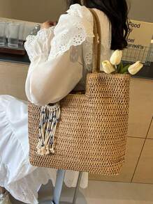 1 Pieza Bolsa de papel trenzada de gran capacidad con estilo de ocio y vacaciones, de unicolor, con decoración de colgante de ojo del diablo, bolsa de playa de un solo hombro para mujer, adecuada para vacaciones al aire libre, viajes diarios, ocio y combinación de ropa de moda. - Multicolor - Ver 5