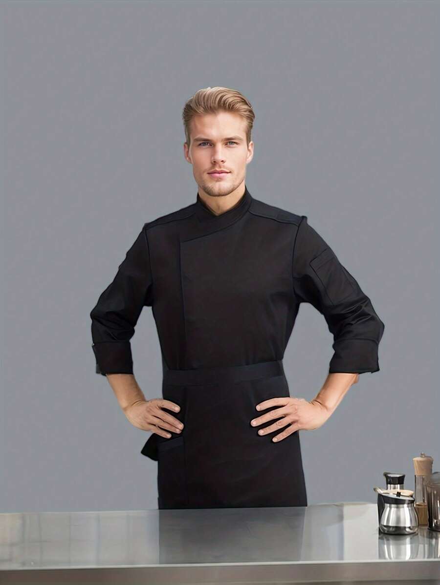 Men's Premium Chef Jacket, Oblique Collar Hidden Buttons, Work Uniform For Hotel, Restaurant, Bakery, Beverage Shop - Black - View 1