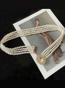 1pc Women's Waist Belt With Faux Pearl Sunflower Crystal Decoration, Elastic Waist Belt To Pair With Dresses, Elegant & Fashionable European And American Style