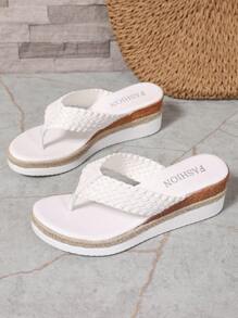 Plus Size Women's White Braided Thong Sandals With Comfortable Rope Bottom, Suitable For Everyday Wear, Home Or Outdoor, Thick Wedge Heel, Versatile And Casual,Spring Summer Outfits - White - View 5