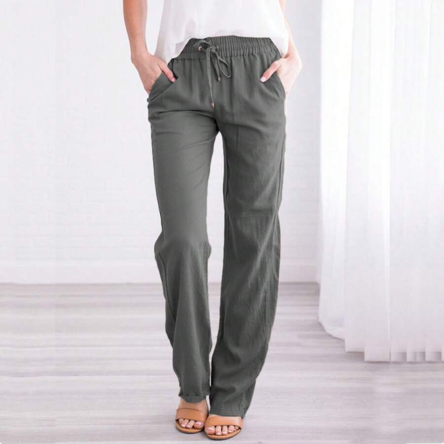 Linen Pants Women Summer Wide Leg Pants Drawstring Elastic Waist Wide Leg Pants High Waisted Lounge Pants Casual Yoga Beach Trousers With Pockets - 灰色 - 查看 1
