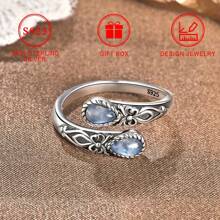 S925 Sterling Silver Moonstone Spoon Ring, Hypoallergenic Nickel-Free, Victorian Vintage Style, Adjustable Butterfly Thumb Jewelry, Bohemian Holiday Theme, Synthetic Stone,, Gift Box Included, Women'S Fashion Accessory For Daily Wear