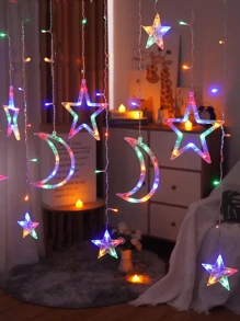 1 Set Of 12 Pieces Twinkling LED Curtain String Lights Star And Moon String Star Moon Lights  Christmas Decoration Lights Suitable For Wedding Valentine's Day Home Garden Bedroom Outdoor Indoor Wall Decoration