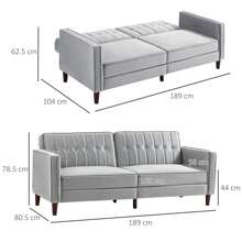 HOMCOM Modern 3 Seater Velvet Sofa Bed, Click Clack Sofa Bed, Button Tufted Sleeper Couch With Split Reclining Backrest And Rubber Wood Legs, Light Grey - Grey - View 3