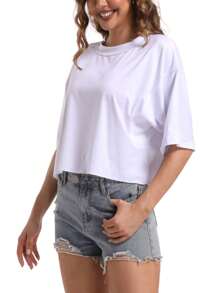 QGEMANWU Women's Comfy Basic Workout Gym Short Sleeve Crop Tops Loose Casual Oversized T-Shirts