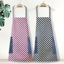 Sleeveless Apron With Large Pocket,Waterproof,Plaid Design,Easy To Clean,Perfect For Home - 紅色 - 查看 9
