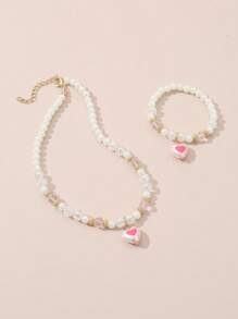 2pcs Set Sweet Faux Pearl Heart Duck Pendant Necklace & Bracelet Jewelry Set, Gift For Girls