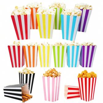 12pcs Popcorn Boxes Mini Paper Popcorn Bags Cardboard Popcorn Container, Disposable Snack Candy Popcorn Holder For Carnival Party Supplies, For Birthday Wedding Movie Night Tableware Supplies(Black,Blue,Yellow,Green,Red,Pink,Purple)