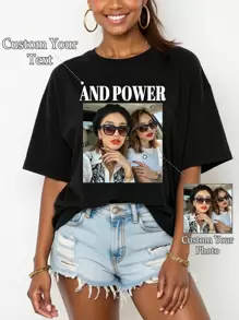 Impression personnalisable de photos et de texte, autoportrait/amant/famille/ami/photos d'animaux de compagnie personnalisées et messages de bénédiction, conception pour la Saint-Valentin/anniversaire/Nouvel An/fête d'anniversaire, t-shirts noirs, t-shirt ample à manches courtes pour femmes, tenue d'automne, vêtements printemps-été, hauts pour femmes, cadeau de la Saint-Valentin, festival de musique, cadeau pour la meilleure amie, ornemental, unique, personnalisé, cadeaux idéaux pour elle, famille, amis, filles roses, pour les vacances, pour les anniversaires, hauts pour femmes personnalisés, nouveau style d'automne pour femmes, automne chic, style de rue décontracté - Noir - Voir 1