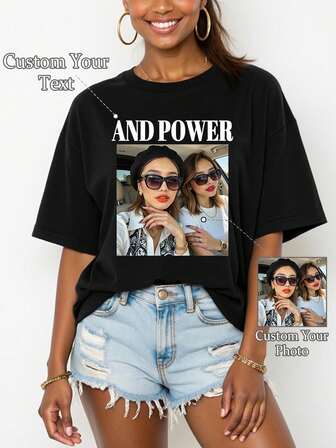 Anpassningsbart foto- och texttryck, personliga självporträtt/älskare/familj/vän/husdjursfoton och välsignelsemeddelanden, alla hjärtans dag/födelsedag/nyår/fest/årsdagsdesign, svarta t-shirts, lös sportig kortärmad t-shirt för kvinnor, höstkläder, vår-sommarkläder, damtoppar, alla hjärtans dag-present, musikfestival, bästa vänpresent, dekorativ, unik, anpassad, perfekta presenter till henne, familj, vänner, rosa tjejer, för högtider, för semester, för årsdagar, anpassade damtoppar, höstens nya stil för kvinnor, chic höst, gatu- och casualchic, nyårsglamour