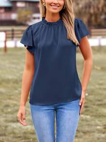 Women's Summer Satin Blouse Shirt Dressy Casual Ruffle Short Sleeve Crewneck Work Party Tops - 藏蓝色 - 查看 5