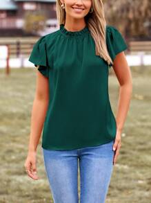 Women's Summer Satin Blouse Shirt Dressy Casual Ruffle Short Sleeve Crewneck Work Party Tops - Dark Green - View 5
