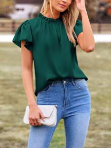 Women's Summer Satin Blouse Shirt Dressy Casual Ruffle Short Sleeve Crewneck Work Party Tops - Dark Green - View 3