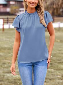 Blusa de satén de verano para mujer, elegante, informal, con volantes, manga corta, cuello redondo, para fiesta de trabajo - Azul - Ver 5