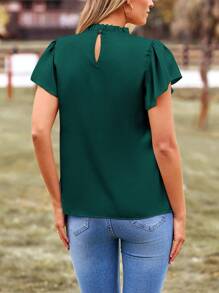 Women's Summer Satin Blouse Shirt Dressy Casual Ruffle Short Sleeve Crewneck Work Party Tops - Dark Green - View 2