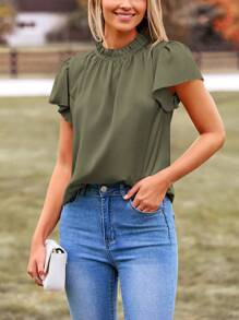 Women's Summer Satin Blouse Shirt Dressy Casual Ruffle Short Sleeve Crewneck Work Party Tops - 軍綠色 - 查看 4