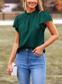 Women's Summer Satin Blouse Shirt Dressy Casual Ruffle Short Sleeve Crewneck Work Party Tops - Dark Green - View 4