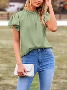 Women's Summer Satin Blouse Shirt Dressy Casual Ruffle Short Sleeve Crewneck Work Party Tops - 薄荷綠 - 查看 3