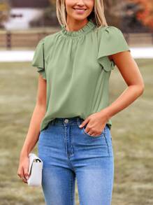 Women's Summer Satin Blouse Shirt Dressy Casual Ruffle Short Sleeve Crewneck Work Party Tops - 薄荷綠 - 查看 4
