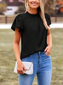 Women's Summer Satin Blouse Shirt Dressy Casual Ruffle Short Sleeve Crewneck Work Party Tops - màu đen - Xem 6