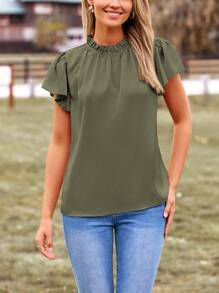 Women's Summer Satin Blouse Shirt Dressy Casual Ruffle Short Sleeve Crewneck Work Party Tops - 軍綠色 - 查看 5