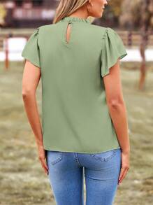 Women's Summer Satin Blouse Shirt Dressy Casual Ruffle Short Sleeve Crewneck Work Party Tops - 薄荷綠 - 查看 2