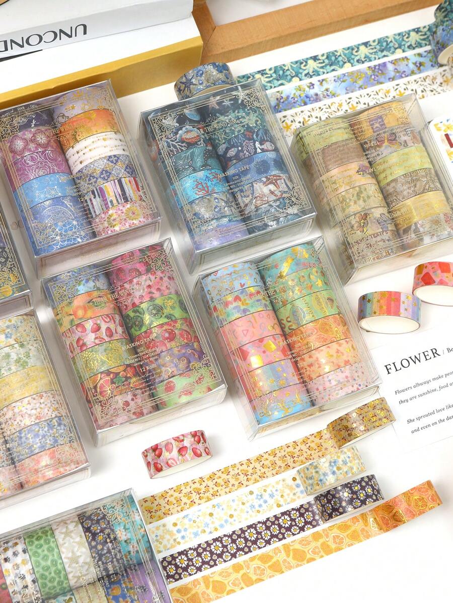 12 Cuộn/Hộp, Băng dính Washi in hoa cây cảnh nóng và họa tiết bạc, Vật liệu trang trí DIY thủ công cho học sinh - Thiết kế họa tiết tinh tế cho trái cây, bướm, sinh vật biển, Băng dính che sổ lưu niệm nhật ký - Nhiều màu - Xem 1