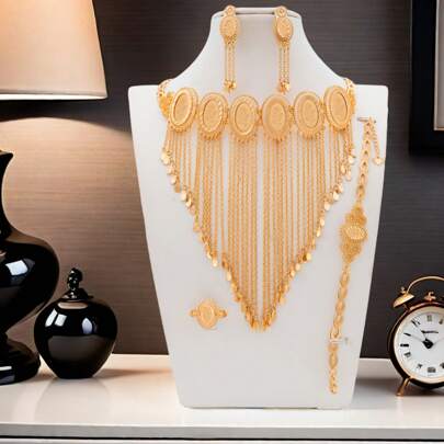 Bộ 5 món trang sức mạ vàng thiết kế hoa hồng thanh lịch cho tiệc cưới bằng đồng 18K+ vàng sâm panh hình mưa sao băng, vòng cổ tua rua hình chữ V, quà tặng cho Ngày của Mẹ, Ngày lễ tình nhân, phụ nữ