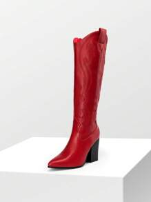 Cowboy Boots For Women, Comfortable Pull On Zipper Chunky Heel Pointed Toe Embroidered Western Cowgirl  Knee High Boots Christmas Fall - Red - View 2
