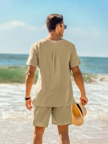 Men's Casual Solid Color Short Sleeve T-Shirt And Shorts Set - Beige - View 5
