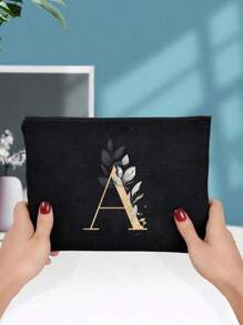 A Black Makeup Bag With The Initials A~Z Printed On It, Featuring A Green Leaf Pattern Print,Cosmetic Bag,Portable Wash Bag,Teacher's Day Gift, Reusable Makeup Bag, Women's Simple And Large Capacity Travel Makeup Bag
