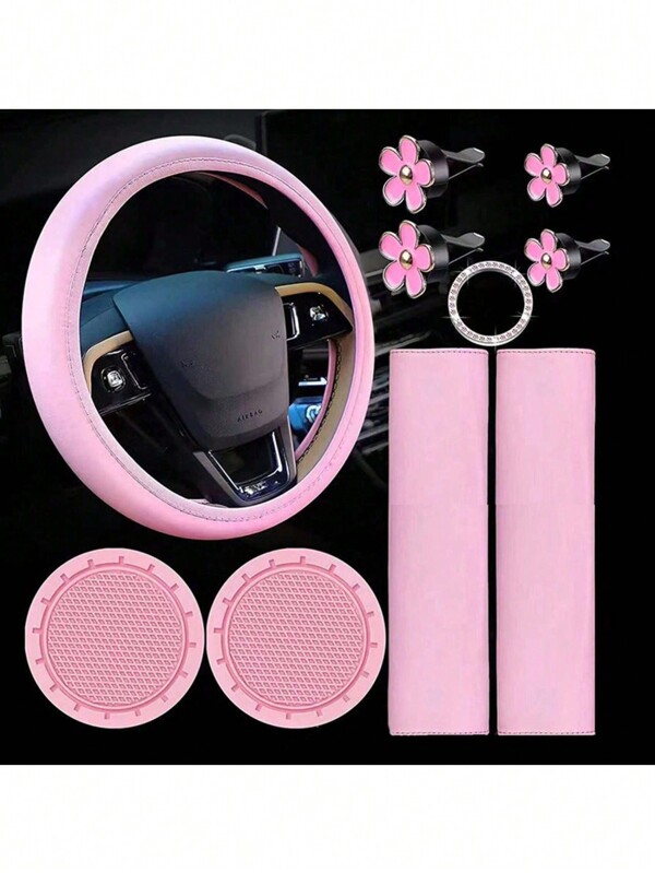 1pc Leather Steering Wheel Cover, Car Accessories Set, Seat Belt, Shoulder Pad, Cup Holder, Car Decorations