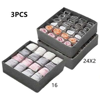 3 piezas Organizador de divisores para calcetines y ropa interior, organizadores de cajones con 64 celdas, organizadores de tela plegables para el armario y cajas de almacenamiento para guardar calcetines, ropa interior o corbatas (16 + 24 + 24 celdas, color gris)