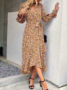 Women Spring Dress Floral V Neck Long Sleeve Belted High Waist Flowy Ruffle Wrap Long Maxi Dress Boho Bohemia Fall Beach Vacation Holiday Night Out Valentine Dress Outfits - Màu vàng - Xem 4