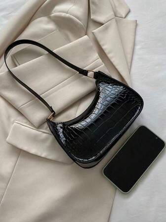 1 件女式迷你纯色百搭鳄鱼纹 PU 拉链封闭式单肩腋下包，早春单肩包，适合女友日常使用