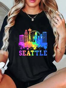 Seattle Washington Skyline Watercolor Souvenir Seattle T-Shirt Casual Short Sleeve Shirt - Black - View 1