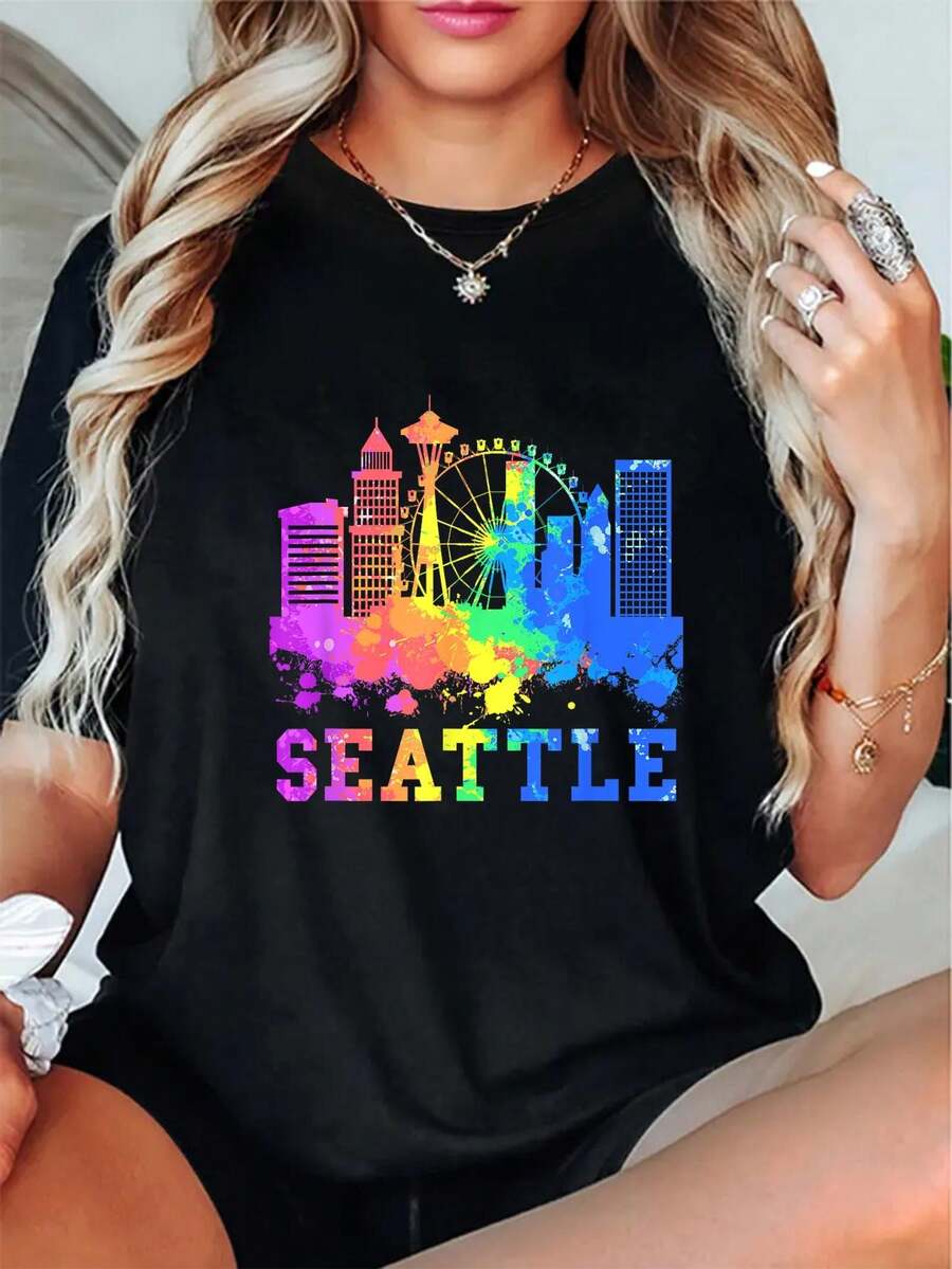 Seattle Washington Skyline Watercolor Souvenir Seattle T-Shirt Casual Short Sleeve Shirt - Black - View 1