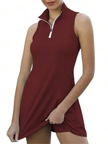 Ladies Summer Sports Suit, Women Solid Color Zipper Stand Collar Sleeveless Slim Tennis Short Skirt + Shorts Set - Burgundy - View 3
