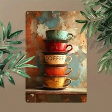 复古叠层咖啡杯雕花铁艺招牌 - 装饰墙饰，适用于家居、农舍、酒吧、餐厅、咖啡馆、花园，亦可作为节日礼物，室内/室外皆可使用，随机孔型 - 彩色 - 查看 9