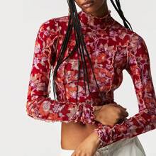 Women's Long Sleeve Mesh Tops See Through Sheer Tee Shirts Mock Neck Floral Print Crop Tops Y2K Layering Top Blouses For Party Club Casual - 紅色 - 查看 1