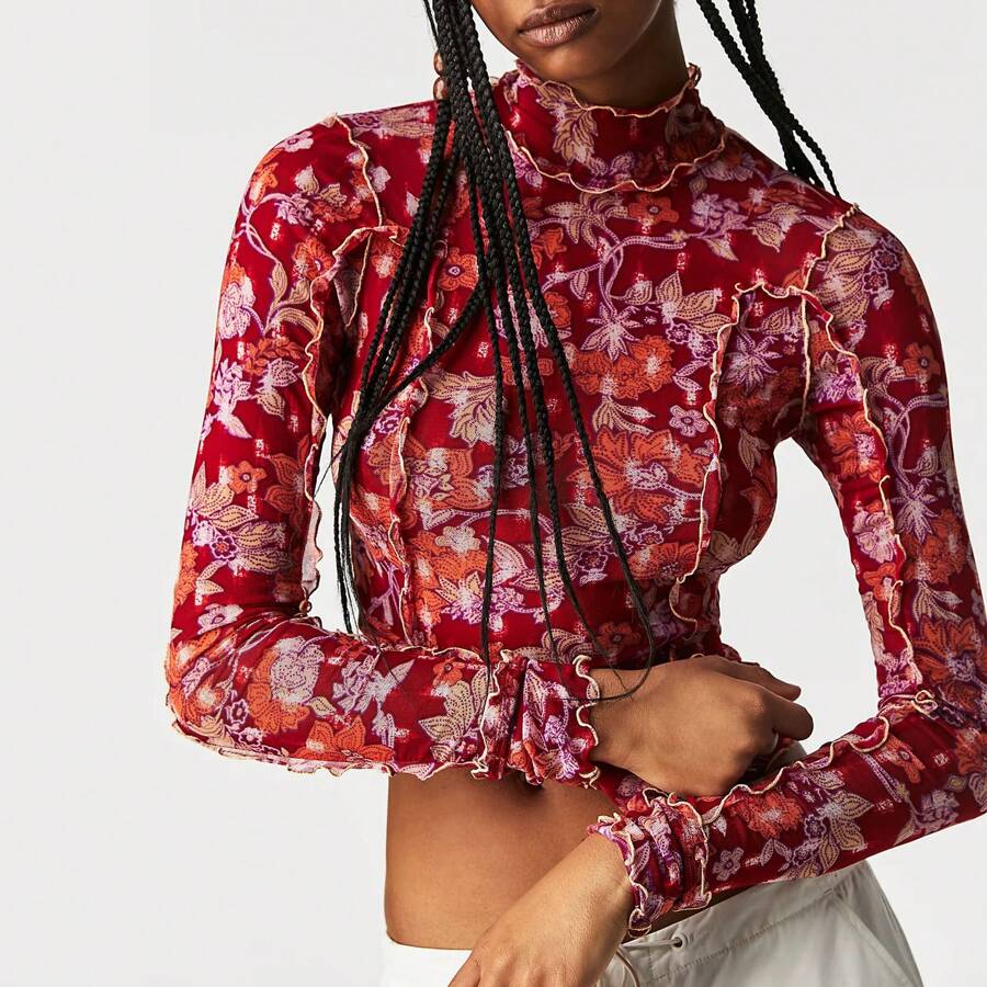 Women's Long Sleeve Mesh Tops See Through Sheer Tee Shirts Mock Neck Floral Print Crop Tops Y2K Layering Top Blouses For Party Club Casual - 紅色 - 查看 1