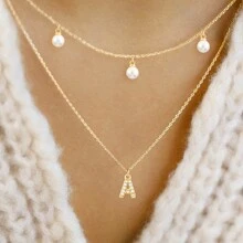 2 件/套 新款经典时尚密镶锆石字母仿珍珠吊坠金色不锈钢链饰颈链多层项链 女士 - 金黃色 - 查看 1