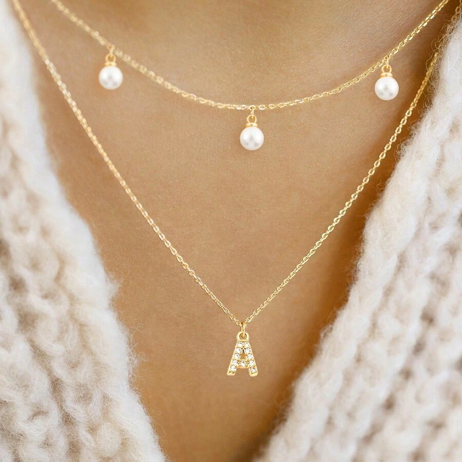 2 件/套 新款经典时尚密镶锆石字母仿珍珠吊坠金色不锈钢链饰颈链多层项链 女士 - 金黃色 - 查看 1