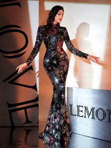 LOVE&LEMONADE Black Long Sleeve Stand Collar Sequin Printed Long Evening Dress (Non-Match Front-Back Floral Pattern, Random Floral Design), Party Dress, Wedding Guest Dress, Formal Dress,Gown - Black - View 2