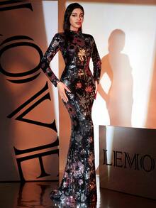 LOVE&LEMONADE Black Long Sleeve Stand Collar Sequin Printed Long Evening Dress (Non-Match Front-Back Floral Pattern, Random Floral Design), Party Dress, Wedding Guest Dress, Formal Dress,Gown - Black - View 5