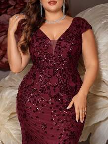 BluePlum 高级弹力亮片V领短袖修身鱼尾长裙，加大码纯色优雅奢华长款礼服，展现青春女性魅力，适合派对、毕业典礼、婚礼、活动、晚宴和正式场合（豪华版） - 派对礼服、婚礼宾客礼服、春季晚礼服 - 酒紅色 - 查看 5