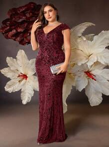 BluePlum 高级弹力亮片V领短袖修身鱼尾长裙，加大码纯色优雅奢华长款礼服，展现青春女性魅力，适合派对、毕业典礼、婚礼、活动、晚宴和正式场合（豪华版） - 派对礼服、婚礼宾客礼服、春季晚礼服 - 酒紅色 - 查看 7