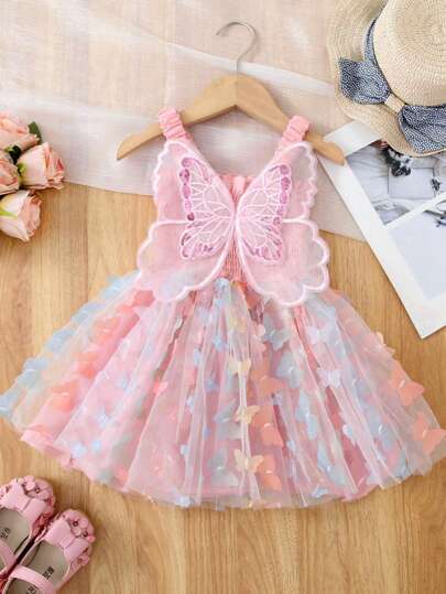 1件可爱优雅的公主蝴蝶刺绣网纱装饰彩色泡泡吊带连衣裙，适合女婴、生日派对、海滩度假、所有季节