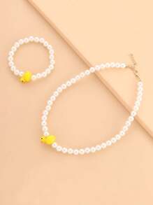 2pcs Set Sweet Faux Pearl Heart Duck Pendant Necklace & Bracelet Jewelry Set, Gift For Girls